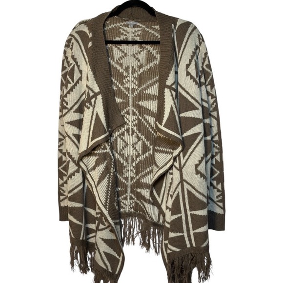 Charlotte Russe Waterfall Cardigan Sweater Aztec Print Brown Beige Fringe Boho M - Picture 1 of 5